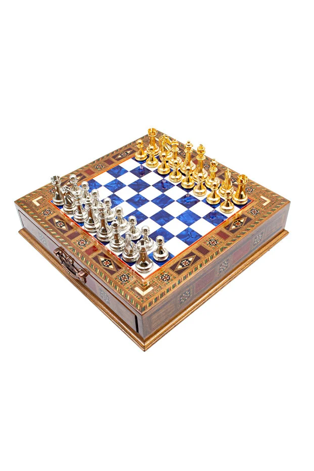 Yüksek Kalite Mavi El işi Satranç Takımı Ahşap Çekmeceli Satranç